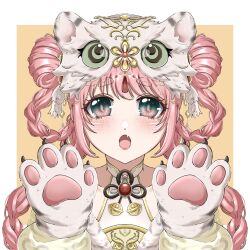  1girl animal_ear_headwear animal_ears animal_hands animal_hat beads bell black_ribbon border braid braided_hair_rings brown_eyes chinese_commentary circlet collarbone collared_dress commentary detached_sleeves dot_nose double_bun dress english_commentary facial_mark fake_animal_ears fang flaming_tiger_(shining_nikki) flower_knot freckles gloves grey_pupils hair_beads hair_bun hair_ornament hair_rings halter_dress halterneck hat highres light_blush lipstick long_hair long_sleeves makeup neck_bell neck_ribbon nikki_(nikki) nikki_(series) nonoberry22 open_mouth orange_background outside_border paw_gloves paw_pose pink_hair puffy_long_sleeves puffy_sleeves red_lips ribbon shining_nikki skin_fang slit_pupils solo straight-on tassel tassel_hair_ornament tiger_ears tiger_hat twin_braids upper_body very_long_hair whisker_markings white_border white_dress white_gloves yellow_sleeves 