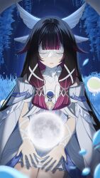  1girl bare_shoulders black_hair closed_eyes columbina_(genshin_impact) commentary dress eye_mask facing_viewer genshin_impact gradient_hair hair_ornament highres holding_moon long_hair mask multicolored_hair pink_hair rktsm see-through_clothes see-through_mask solo streaked_hair two-tone_hair white_dress white_mask wing_hair_ornament x-shaped_eyewear 