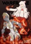  bodysuit bow breasts character_name copyright_name crossover ember_(warframe) fire fujiwara_no_mokou hair_bow hand_in_pocket helmet highres ikas-zzx long_hair power_connection red_eyes ribbon suspenders touhou very_long_hair warframe white_hair 