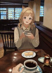  1_kozin 2girls :d absurdres alternate_hairstyle blonde_hair cafe cake chair closed_eyes coffee_mug collared_shirt cup dress_shirt food grey_vest hair_ornament hair_scrunchie hands_up highres holding holding_cup idolmaster idolmaster_shiny_colors ikuta_haruki indoors light_blush long_sleeves looking_at_viewer low_twintails medium_hair mug multiple_girls plate pov reflection sakuragi_mano scrunchie shirt short_twintails sitting smile tareme twintails upper_body vest white_scrunchie white_shirt 