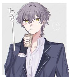  1boy ? black_gloves black_jacket blush_stickers border buttons caelus_(honkai:_star_rail) collarbone collared_shirt commentary_request drink_carton drinking drinking_straw fingerless_gloves gloves graphia_academy_school_uniform grey_background grey_hair hair_between_eyes hand_up highres holding holding_juice_box honkai:_star_rail honkai_(series) jacket juice_box lapels long_sleeves looking_at_viewer male_focus official_alternate_costume open_clothes open_jacket othello_bwb outside_border school_uniform shirt short_hair simple_background solo speech_bubble spoken_question_mark trailblazer_(honkai:_star_rail) white_border white_shirt yellow_eyes 