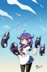 1girl ahoge clothesline drying_clothes highres imu_sanjo kantai_collection laundry_pole long_hair low_twintails musical_note pantyhose pleated_skirt purple_hair red_eyes school_swimsuit school_uniform serafuku skirt sky smile solo swimsuit taigei_(kantai_collection) twintails 