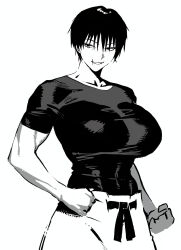  1girl black_hair black_shirt breasts clenched_hand compression_shirt cowboy_shot english_commentary fushiguro_touji genderswap genderswap_(mtf) greyscale grin highres jujutsu_kaisen large_breasts looking_to_the_side monochrome muscular muscular_female pants scar scar_on_face scar_on_lip scar_on_mouth shirt short_hair smile solid_circle_eyes solo tight_clothes tight_shirt tomatoketchup96 tsurime white_background white_pants 