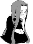  1girl blush breasts bust cleavage_cutout fate/stay_night fate_(series) glasses greyscale large_breasts long_hair monochrome open-chest_sweater rider sagging_breasts simple_background sketch solo sweater white_background yurikawa 