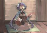  1girl biwa_lute brown_dress chain closed_eyes cuffs dress flower hair_flower hair_ornament ichiba_youichi instrument long_hair long_sleeves low_twintails lute_(instrument) purple_hair shackles shirt singing sitting solo touhou tsukumo_benben twintails very_long_hair 