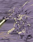  1boy 1girl acid_thunder_(galibo) armor boots cape cure_daisy_(galibo) energy_sword galibo glasses kneeling long_hair magical_girl monochrome original precure purple skirt sword tarano_may_(galibo) twintails wand weapon wrist_cuffs 