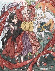  3girls :d animal_ears aqua_eyes arm_up arms_up black_hair black_kimono center-flap_bangs colored_skin commentary_request double-parted_bangs double_fox_shadow_puppet fang flipped_hair flower fox_ears fox_girl fox_shadow_puppet fox_tail full_body grey_hair grey_hakama hair_between_eyes hair_between_horns hair_flower hair_ornament hakama hands_up highres hololive horns japanese_clothes kanzashi kimono looking_at_viewer multicolored_hair multiple_girls nakiri_ayame obi okobo oni ookami_mio open_mouth pentagram platform_sandals purple_hakama red_eyes red_hakama red_kimono red_streaks sandals sash shirakami_fubuki short_hair skin-covered_horns smile spiky_hair streaked_hair tail tauyoshi728 tile_roof tsumami_kanzashi virtual_youtuber white_hair white_skin wolf_ears wolf_girl wolf_tail yellow_eyes 