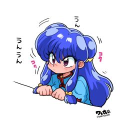  1girl artist_name blush bow chinese_clothes commentary_request hair_bow long_hair purple_hair ranma_1/2 shampoo_(ranma_1/2) sidelocks simple_background violet_eyes wanta_(futoshi) white_background yellow_bow 