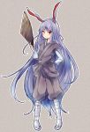  1girl ajirogasa alternate_costume animal_ears baggy_shorts chinese_clothes forbidden_scrollery full_body gauntlets hand_on_hip hat hat_removed headwear_removed long_hair purple_hair rabbit_ears red_eyes reisen_udongein_inaba rice_hat sash short_over_long_sleeves smile solo spoilers standing touhou uranaishi_(miraura) very_long_hair 