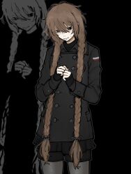  1boy black_coat black_eyes black_shorts braid closed_mouth coat commentary cowboy_shot english_commentary face_piercing facing_down flag_print hair_between_eyes highres long_hair long_sleeves looking_at_viewer low-tied_long_hair male_focus nose_piercing original own_hands_together piercing polish_flag polish_flag_print shorts simple_background slavcorpz solo trap twin_braids very_long_hair white_background zoom_layer 