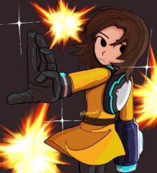  1girl :| arm_cannon belt black_eyes black_gloves brown_hair closed_mouth cropped_legs expressionless frown gloves harumakioishi jacket long_sleeves looking_at_viewer looking_back medium_hair mii_(nintendo) mii_gunner mii_gunner_(smash_4) nintendo outstretched_arm pants parted_bangs simple_background solo sparkle super_smash_bros. twitter_username weapon yellow_jacket 