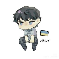  1boy animification bare_arms black_hair black_pants blue_eyes character_name chibi chibi_only closed_mouth clothes_writing collared_shirt duolou_shaonu grey_shirt hair_behind_ear hair_between_eyes highres holding holding_screwdriver invisible_chair looking_to_the_side male_focus no_nose no_sclera pale_skin pants polo_shirt real_life screwdriver shirt short_hair short_sleeves simple_background sitting smile solo source_request spread_legs t-shirt third-party_source true_crime ukrainian_flag v_arms very_short_hair viktor_sayenko white_background xiaohongshu_id 