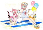  2girls anklet balloon barefoot basket blue_eyes bracelet breasts closed_eyes food glasses hat jewelry l_hakase large_breasts livly_island multiple_girls necklace open_mouth pink_hair platform_footwear see-through short_hair sitting tail tongue tongue_out white_background 