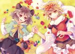  2girls animal_ears blonde_hair bow capelet crystal dress flower food fruit gem grass grey_dress grey_eyes hair_ornament holding_hands jewelry long_sleeves lying mouse mouse_ears mouse_tail multicolored_hair multiple_girls nazrin necklace nut_(food) on_back on_ground open_mouth pendant red_eyes see-through shawl shirt skirt smile strawberry streaked_hair tail tiger_print tomobe_kinuko toramaru_shou touhou vest wide_sleeves yellow_eyes 