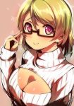  1girl brown_hair cleavage_cutout glasses highres koizumi_hanayo love_live!_school_idol_project open-chest_sweater ribbed_sweater short_hair smile solo sweater turtleneck violet_eyes ytk_(yutta-p) 