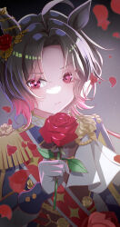  0niq absurdres ahoge animal_ears blush brooch brown_hair closed_mouth ear_flower ear_ornament epaulettes falling_petals flower flower_brooch four-pointed_star gloves gradient_hair highres holding holding_flower horse_ears horse_girl jacket jewelry long_sleeves looking_at_viewer multicolored_hair petals print_sash red_hair red_sash rose_kingdom_(umamusume) rose_petals sash short_hair single_epaulette two-tone_hair umamusume upper_body vertical-striped_sleeves white_gloves 