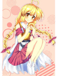  1other 2000s_(style) androgynous anime_coloring antenna_hair armor bare_legs bare_shoulders belt black_belt blonde_hair border bow braid breastplate brown_background bubble cape closed_mouth commentary_request crumbs detached_sleeves doughnut eating faux_retro_artstyle food food_bite full_body hair_between_eyes hair_bow hakama hakama_short_skirt hakama_skirt heart heart_antenna_hair heart_in_eye highres holding holding_food japanese_clothes kimono knees_up kurokoge_karubi len'en light_blush long_hair low_twin_braids ooama_no_ake_no_mitori other_focus outside_border pagoda pillarboxed print_tabard red_bow red_hakama red_kimono red_sleeves ribbon-trimmed_socks ribbon_trim short_kimono short_sleeves sitting skirt smile socks solo symbol_in_eye tabard tareme torn_cape torn_clothes torn_socks twin_braids very_long_hair white_border white_cape white_socks white_tabard yellow_eyes 