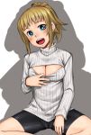  1girl bike_shorts blue_eyes blush breasts brown_hair cleavage cleavage_cutout gundam gundam_build_fighters gundam_build_fighters_try h_kasei hoshino_fumina long_hair looking_at_viewer open-chest_sweater open_mouth ponytail ribbed_sweater scrunchie sitting smile solo sweater turtleneck turtleneck_sweater 