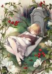  1girl artist_name blonde_hair closed_eyes comet_(teamon) commentary flower grass grave graveyard leaf mary_janes nightgown original plant shoes short_hair single_shoe sleeping sleepwear solo 