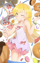  1girl absurdres armpits blonde_hair bunoshii commentary_request doughnut dress fang food highres long_hair looking_at_viewer monogatari_(series) one_eye_closed oshino_shinobu red_ribbon ribbon simple_background skin_fang sleeveless sleeveless_dress smile yellow_eyes 