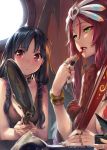  2girls applying_makeup armlet black_hair blush breasts cleavage green_eyes headdress jewelry large_breasts lipstick lobster lukkage_(suisei_no_gargantia) makeup mirror multiple_girls nail_polish parinuri red_eyes redhead ring sasaoka_gungu suisei_no_gargantia 