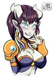  1girl borrowed_character breasts cleavage detached_sleeves draenei green_eyes monara my_pet_tentacle_monster pointy_ears purple_hair purple_skin short_hair solo warcraft 