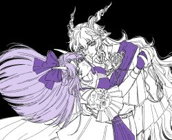  1boy 1girl animal_ears arknights black_background bow capelet commentary cowboy_shot dancing dress ebenholz_(ambience_synesthesia)_(arknights) ebenholz_(arknights) gloves hair_bow head_back hibiscus_(arknights) hibiscus_the_purifier_(arknights) hibiscus_the_purifier_(romance_overflow)_(arknights) highres holding_hands horns laurel_crown leaning_back long_hair looking_at_viewer lucy442684 monochrome purple_bow purple_gloves purple_hair purple_sash sash sheep_ears single_sidelock spot_color untranslatable_commentary violet_eyes wavy_hair 