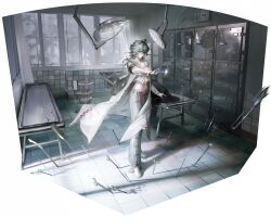  1girl armband artist_request autopsy_table body_bag bonesaw camisole cart clipboard curtains door forceps forensica_(path_to_nowhere) frills glass_bottle glint green_armband grey_camisole grey_pants highres holding holding_scalpel lab_coat midriff morgue navel official_art operating_table operatory_light pants path_to_nowhere red_ribbon ribbon saw scalpel shadow shoes spaghetti_strap surgical_light surgical_scissors table thermometer tile_floor tile_wall tiles tray white_shoes window 