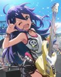  &gt;;d ;d ahoge aqua_eyes audience bass_guitar earrings flying_sweatdrops idolmaster idolmaster_million_live! instrument jewelry long_hair mochizuki_anna official_art one_eye_closed open_mouth purple_hair smile solo_focus sweat sweating 