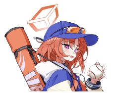  1girl ball baseball_(object) baseball_cap baseball_jersey blue_archive blue_hat commentary dandandanholo eyewear_on_head hair_between_eyes halo hat holding holding_ball jersey long_hair orange-tinted_eyewear orange_hair orange_halo rei_(blue_archive) rocket_launcher simple_background solo sunglasses tinted_eyewear violet_eyes weapon white_background 