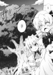 2girls :o chestnut_mouth comic fang_out forest highres hirasaka_makoto luna_child monochrome multiple_girls nature short_hair smile sunny_milk touhou translated tree treehouse wings 