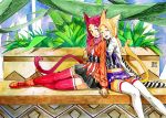  2girls animal_ears artist_name bench blonde_hair cat_ears cat_tail city eudetenis final_fantasy final_fantasy_xiv highres hug hug_from_behind midriff miqo&#039;te multiple_girls plant red_eyes redhead scarf sitting skirt tail thigh-highs zettai_ryouiki 