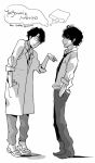  2boys aldnoah.zero artist_name character_name closed_eyes dated facial_hair glasses hand_in_pocket labcoat looking_at_another male marito_koichiro monochrome multiple_boys necktie pants pointing profile shimura_takako simple_background sleeves_rolled_up standing stubble white_background yagarai_soma 
