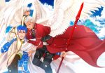  3boys angel archer blue_hair cape capelet emiya_shirou fate/stay_night fate_(series) gae_bolg getueika lancer long_hair multiple_boys polearm ponytail red_eyes spear weapon white_hair wings 