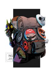  1boy bag black_background brown_hair commentary_request cropped_torso from_behind grin happy_mask_salesman highres long_sleeves lu_(sofbambi03) male_focus mario mask short_hair smile solo teeth the_legend_of_zelda the_legend_of_zelda:_majora's_mask watermark white_background 