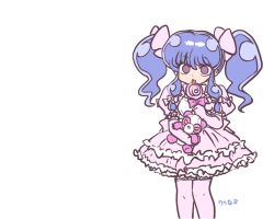  1girl candy commentary_request dress food frilled_dress frills holding holding_candy holding_food holding_lollipop lollipop panda pink_dress purple_hair ranma_1/2 shampoo_(ranma_1/2) signature simple_background stuffed_animal stuffed_toy swirl_lollipop teddy_bear twintails violet_eyes wanta_(futoshi) white_background 