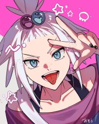  0393_piplup 1girl artist_name black_nails blue_eyes bra_strap commentary_request dress freckles hair_bobbles hair_ornament highres looking_at_viewer multicolored_hair_bobbles open_mouth piercing pokemon pokemon_bw2 roxie_(pokemon) short_hair star_(symbol) striped_clothes striped_dress tongue tongue_piercing topknot white_hair 