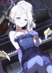  1girl absurdres blue_archive blush breasts commentary_request demon_girl demon_horns demon_wings dress elbow_gloves evening_gown gehenna_academy_logo gloves halo highres hina_(blue_archive) hina_(dress)_(blue_archive) horns indoors instrument looking_at_viewer low_wings nm_hao party_dress piano purple_dress purple_gloves sitting small_breasts solo violet_eyes white_hair wings 