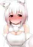  1girl animal_ears blush breasts cleavage cleavage_cutout detached_sleeves inubashiri_momiji large_breasts looking_at_viewer open-chest_sweater red_eyes ribbed_sweater short_hair simple_background sleeveless sleeveless_turtleneck solo sweater tail tera_zip touhou turtleneck white white_background white_hair wolf_ears wolf_tail 