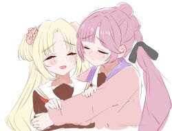  2girls :d ^_^ anyoji_hime black_ribbon blonde_hair blush closed_eyes closed_mouth commentary fang flower frown hair_flower hair_ornament hair_ribbon hands_on_another's_arm highres hood hooded_jacket hug hug_from_side jacket link!_like!_love_live! love_live! mayocha_(mayoke_chaya) mira-cra_park! multi-tied_hair multiple_girls nose_blush open_clothes open_jacket open_mouth osawa_rurino parted_bangs pink_flower pink_hair pink_jacket ponytail raised_inner_eyebrows ribbon simple_background smile twintails untranslatable_commentary upper_body virtual_youtuber white_background 