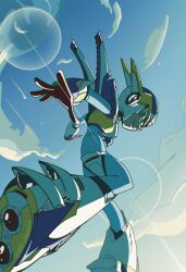  1boy armor blue_sky commentary english_commentary falcon_armor_x_(mega_man) forehead_jewel helmet highres looking_at_viewer male_focus mega_man_(series) mega_man_x5 mega_man_x_(series) sky smile solo white_armor white_helmet x_(mega_man) yungdanbee 