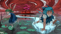  2girls absurdres blue_bow blue_dress blue_eyes blue_hair blue_skirt blue_vest blush bow building cirno clenched_hand clouds cloudy_sky daiyousei danmaku detached_wings dress embodiment_of_scarlet_devil fairy feathered_wings flower foliage frozen_frog gate green_eyes green_hair grin hair_bow highres hindsart ice ice_cube ice_trail ice_wings lily_pad looking_at_viewer medium_hair misty_lake multiple_girls open_mouth outdoors pine_tree pleated_skirt puffy_short_sleeves puffy_sleeves purple_lightning red_clouds reflection ribbon scarlet_devil_mansion shirt shoes short_hair short_sleeves side_ponytail skirt sky smile socks spider_lily surfing teeth touhou tree vest web_address white_shirt white_shoes white_socks wings yellow_ribbon 