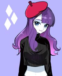  1girl arms_at_sides beret black_sweater blue_eyes blue_eyeshadow blunt_bangs closed_mouth colored_skin commentary crop_top cropped_sweater curly_hair cutie_mark english_commentary eyeshadow hat hat_tip long_hair long_sidelocks long_sleeves looking_at_viewer makeup midriff my_little_pony my_little_pony:_equestria_girls my_little_pony:_friendship_is_magic navel official_alternate_costume official_alternate_hairstyle pants puffy_long_sleeves puffy_sleeves purple_background purple_hair quizia rarity_(equestria_girls) rarity_(my_little_pony) red_hat ribbed_sweater sidelocks simple_background smile solo sweater turning_head turtleneck turtleneck_sweater two-tone_background upper_body white_background white_pants white_skin 