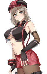  1girl absurdres alisa_ilinichina_amiella armlet armpits breasts commentary_request crop_top cropped_shirt elbow_gloves fingerless_gloves gloves god_eater god_eater_burst hat highres jewelry midriff murabito_c navel no_bra plaid_clothes plaid_hat plaid_skirt skirt suspender_skirt suspenders suspenders_hanging thigh-highs under_boob 