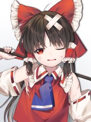  1girl ascot blue_ascot bow brown_hair collared_shirt commentary_request crossed_bandaids cuts detached_sleeves frilled_bow frilled_hair_tubes frilled_shirt_collar frills gohei hair_bow hair_tubes hakurei_reimu highres holding holding_gohei injury keiki8296 long_hair looking_at_viewer one_eye_closed red_bow red_eyes red_shirt shirt simple_background sleeveless sleeveless_shirt solo torn_ascot torn_clothes torn_shirt touhou upper_body white_background white_sleeves 