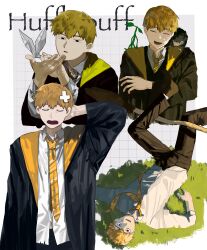  1boy ^_^ absurdres aged_down ahoge alternate_universe anger_vein arm_at_side arm_behind_back asagi_(0w0) bandaid bandaid_on_head black_eyes black_pants black_robe black_socks blonde_hair blush border broom closed_eyes collared_shirt commentary creature creature_on_shoulder cropped_torso crossed_bandaids diagonal-striped_clothes diagonal-striped_necktie eyebrows_hidden_by_hair fallen_down floating floating_object foot_out_of_frame forced_smile grass grey_background grid_background hair_between_eyes hand_on_ground hand_up hands_up happy harry_potter_(series) head_tilt highres hogwarts_school_uniform hufflepuff legs_up long_sleeves looking_at_object looking_at_viewer looking_up lying male_focus mob_psycho_100 multiple_views narrowed_eyes navel necktie no_pupils object_floating_above_hand on_back on_ground on_shoulder open_mouth orange_necktie orange_robe origami outside_border pants paper_crane parted_lips reigen_arataka robe sanpaku school_uniform shirt short_hair smile socks spread_legs striped_clothes text_background three-quarter_sleeves translated two-sided_fabric two-sided_robe u_u upper_body white_border white_shirt wing_collar wizarding_world 