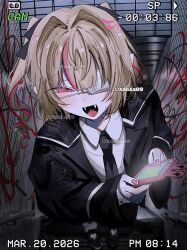  1girl alternate_costume black_jacket black_necktie blonde_hair cellphone commentary dated eyepatch fangs foreshortening full_body graffiti hair_between_eyes hair_intakes highres holding holding_phone jacket long_sleeves makaino_ririmu multicolored_hair necktie nijisanji open_clothes open_jacket open_mouth phone pink_eyes sleeves_past_wrists smile solo standing streaked_hair tile_wall tiles tongue two_side_up virtual_youtuber xdoxa89 
