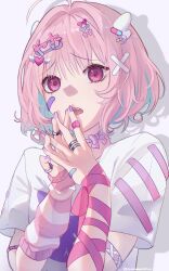  1girl absurdres ahoge aqua_hair arm_ribbon arm_strap bandaid bandaid_hair_ornament bandaid_on_arm bandaid_on_cheek bandaid_on_face bandaid_on_finger bandaid_on_hand blue_bow blush bow bow_choker bunni_stardust choker colored_inner_hair commentary detached_sleeves fang fingernails hair_bow hair_intakes hair_ornament hairclip heart heart_hair_ornament highres idolmaster idolmaster_cinderella_girls idolmaster_cinderella_girls_starlight_stage jewelry medium_hair multicolored_hair multiple_rings nail_polish open_mouth own_hands_together pill_hair_ornament pink_bow pink_choker pink_eyes pink_hair pink_ribbon pink_sleeves print_shirt purple_nails ribbon ring shirt short_sleeves single_detached_sleeve solo streaked_hair striped_sleeves t-shirt teeth two-tone_hair upper_teeth_only white_background white_shirt wing_hair_ornament yumemi_riamu 