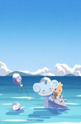  absurdres amazora_owl_02 blue_sky blush blush_stickers closed_eyes commentary_request ditto drifloon hat highres horns lapras no_humans ocean one_eye_closed open_mouth outdoors partially_submerged piplup pokemon pokemon_(creature) pokemon_focus pokemon_pokopia single_horn sky smile swimming torchic transformed_ditto water white_hat 