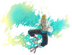  1boy black_pants blonde_hair chest_tattoo collared_shirt commentary_request fiery_tail fiery_wings finger_to_mouth fire full_body glasses harpy_boy long_sleeves male_focus marco_(one_piece) monster_boy one_piece open_clothes open_shirt pants rrrhigemegane shirt shushing simple_background solo tail talons tattoo white_shirt wings 